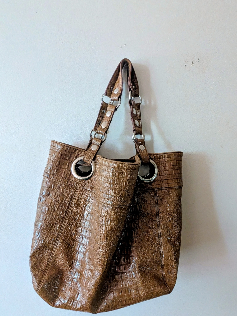 Steven By Steve Madden Large Brown Croc-Embossed Tote Bag with Grommet Handles